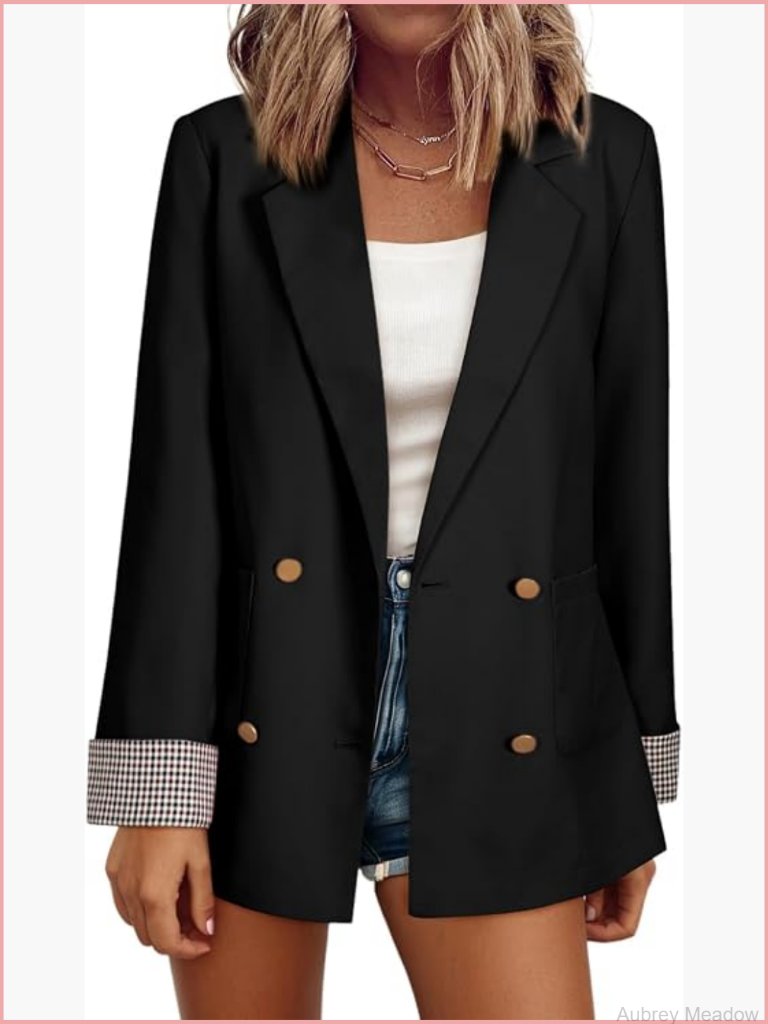 Womens Plaid Blazer Double Breasted Open Front Business Casual Office Suit